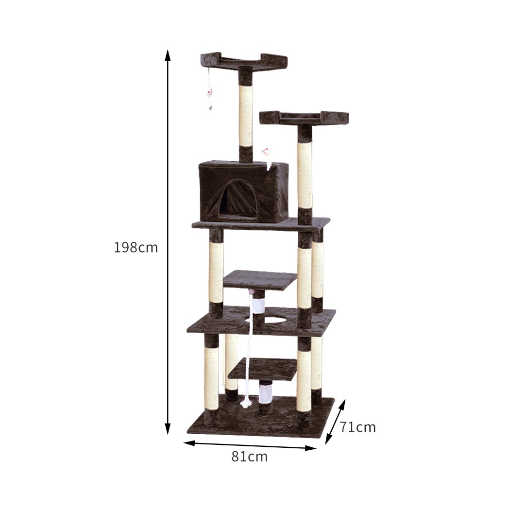 PaWz 1.98M Cat Scratching Post Tree Gym in dark brown, featuring multi-level platforms, sisal-wrapped posts, and plush covering for cat comfort.